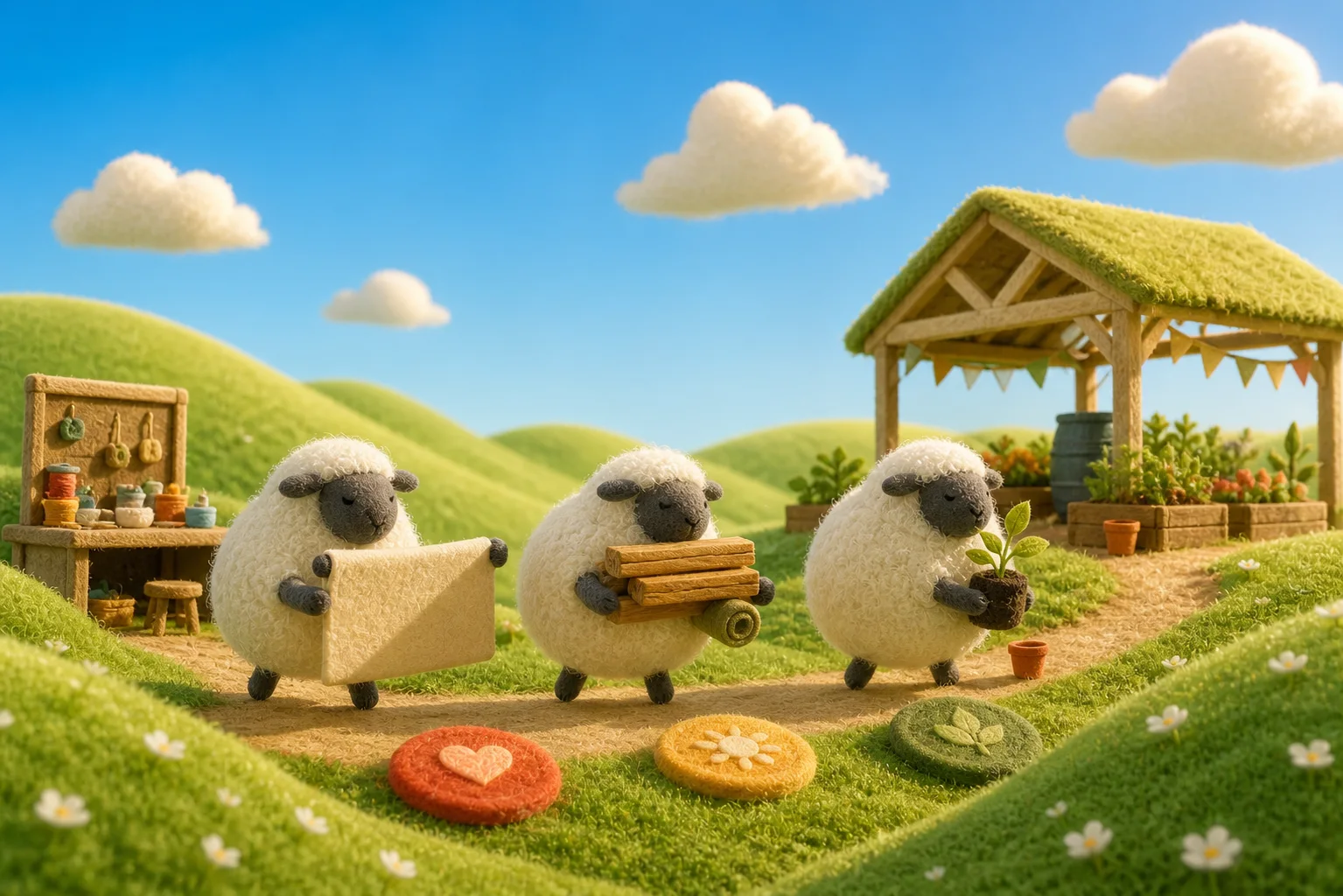 Three woolly sheep carrying a project plan, building materials, and a young plant toward a community garden
