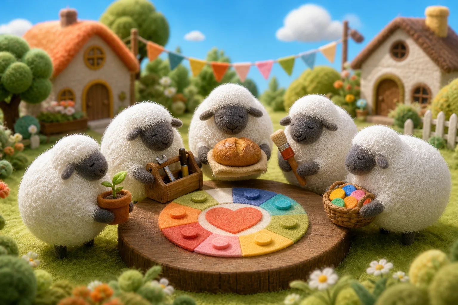 Woolly sheep bringing plants, tools, bread, art supplies, and colorful tokens to a community table