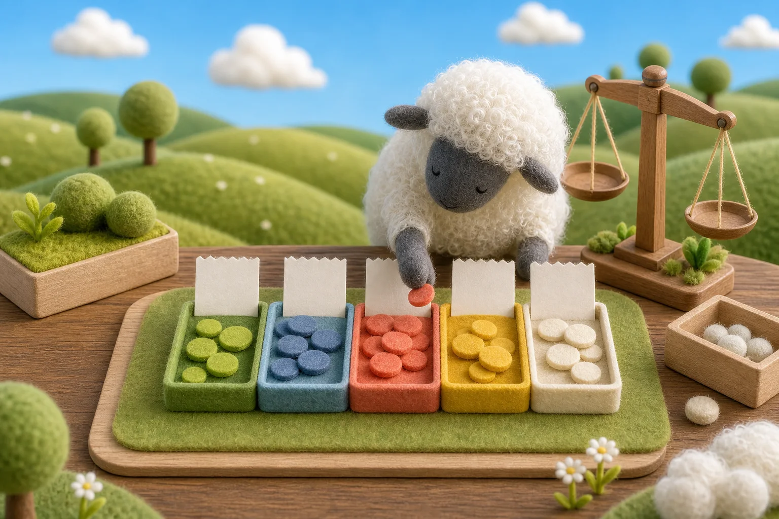 A woolly sheep organizing colored project tokens into five budget categories beside a wooden balance scale