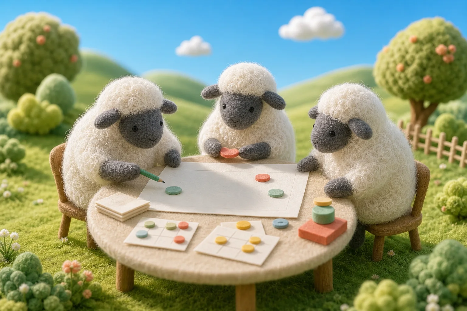 Three woolly sheep planning a community project around a table with paper and colored tokens